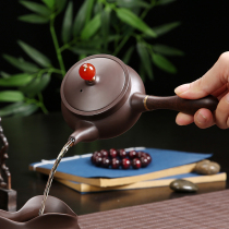 Purple sand teapot side pot Ebony handle ceramic kung fu tea set ball hole filter tea single pot household cover Bowl