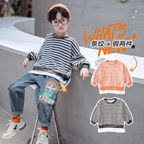 Boys long-sleeved T-shirt spring and Autumn 2021 spring and autumn childrens cotton top thin childrens fake two-piece base shirt