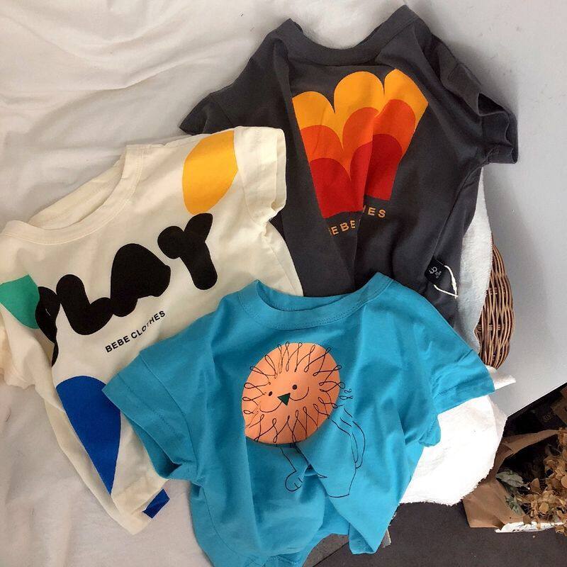 Outlets clearance cotton boys and girls short-sleeved T-shirt retro cute Korean baby cartoon short-sleeved top