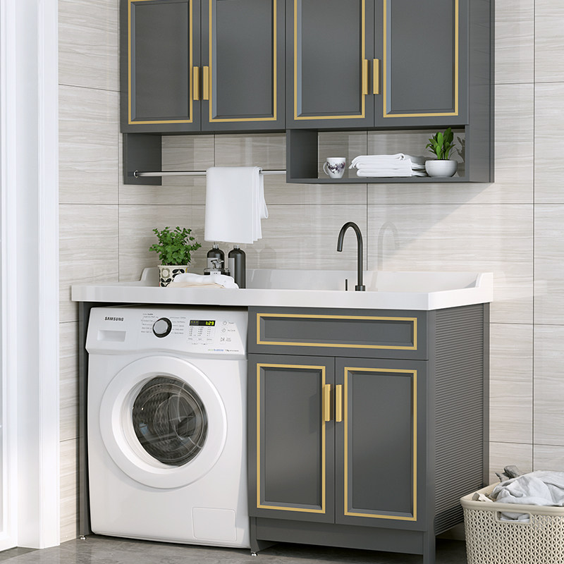 Space aluminum balcony washing machine cabinet Custom corner-cut laundry basin with pallet basin cabinet Combination machine laundry cabinet companion
