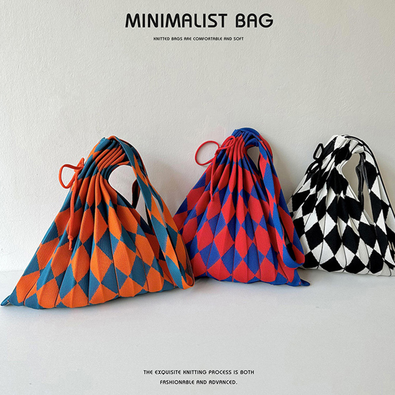 New Knitted Bag, Fashionable Pleated Bag, Large Capacity Diamond-Shaped Plaid Foldable Shoulder Bag for Women, Commuting Color-Blocked Accordion Bag