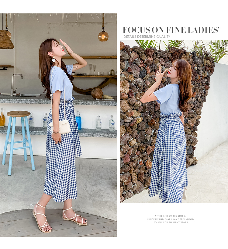 VK旗艦店 韓系休閒圓領T恤高腰格子半身裙套裝短袖裙裝