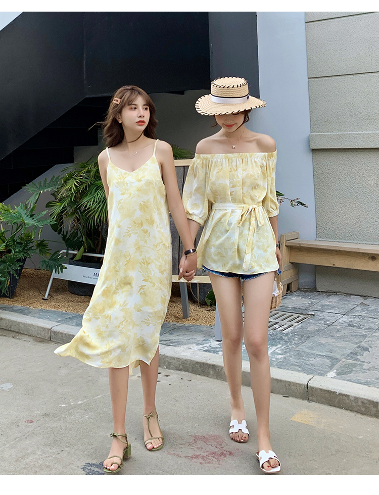 VK旗艦店 韓系手工染色花色一字領無袖洋裝