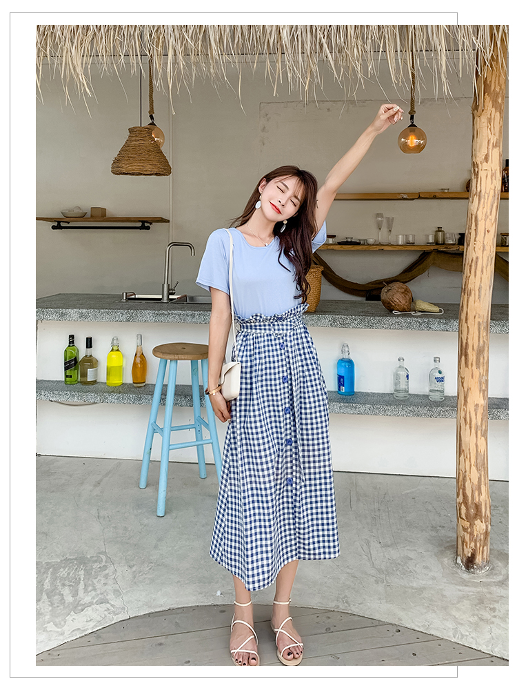 VK旗艦店 韓系休閒圓領T恤高腰格子半身裙套裝短袖裙裝
