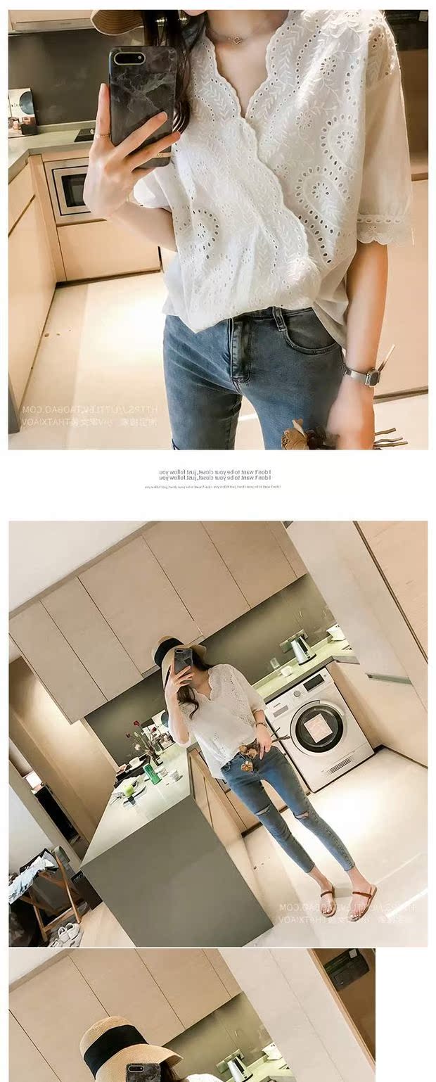 Mùa hè kích thước lớn của phụ nữ áo voan rỗng ren áo sơ mi ren đáy quần của phụ nữ ngắn tay lỏng lẻo cổ chữ V rất cổ tích - Áo sơ mi chiffon ren áo trắng đẹp