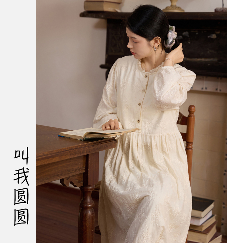 Yuan Yuan [Moonlight How Much] Elegant Long-Sleeve Vintage Loose Fleece-Lined Thick Embroidered Dress Yy 6251