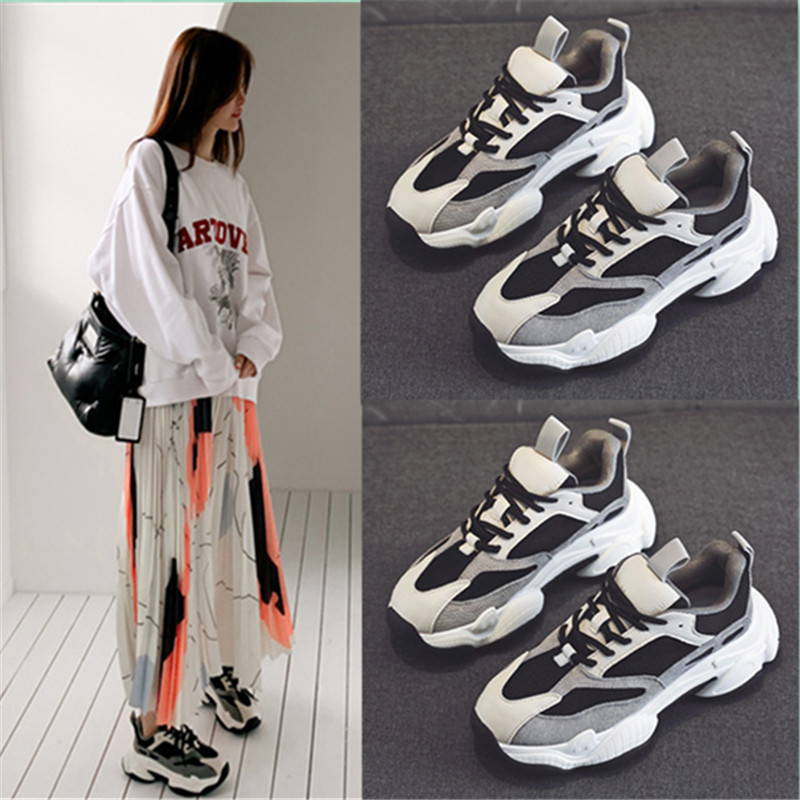 South Korea Susu's leather thick daddy shoes 2019 spring and summer net red leisure sneakers and high female shoes