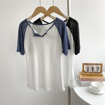 Placket collar bamboo cotton short-sleeved T-shirt womens see-through summer thin loose top bottoming dance wear practice clothes