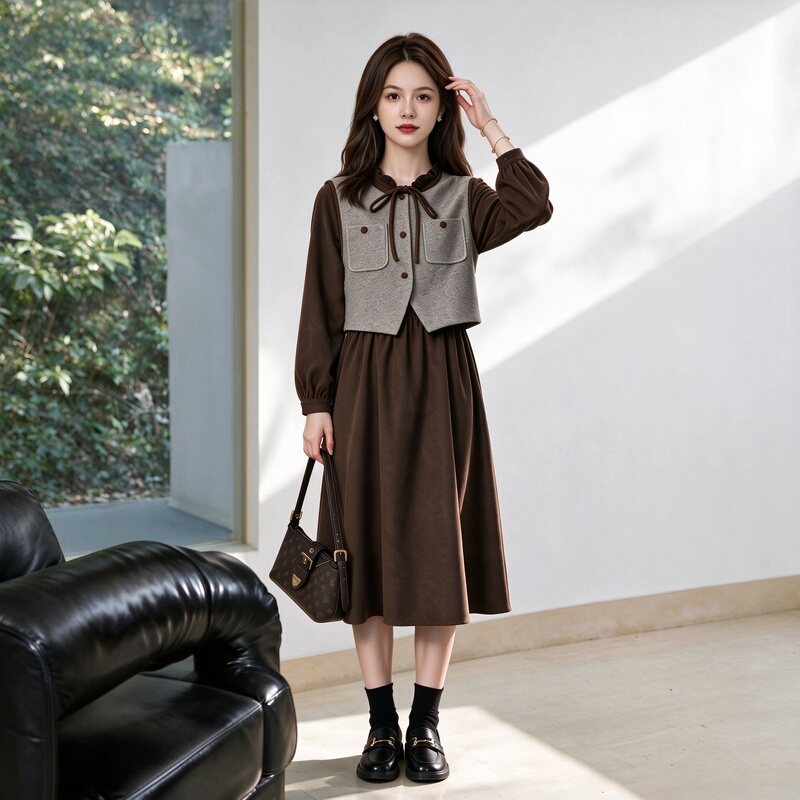 Nobel's Autumn Casual Slim-Fit Design with Subtle Shimmer Sleeveless Vest Short Jacket Paired with Dress Two-Piece Set