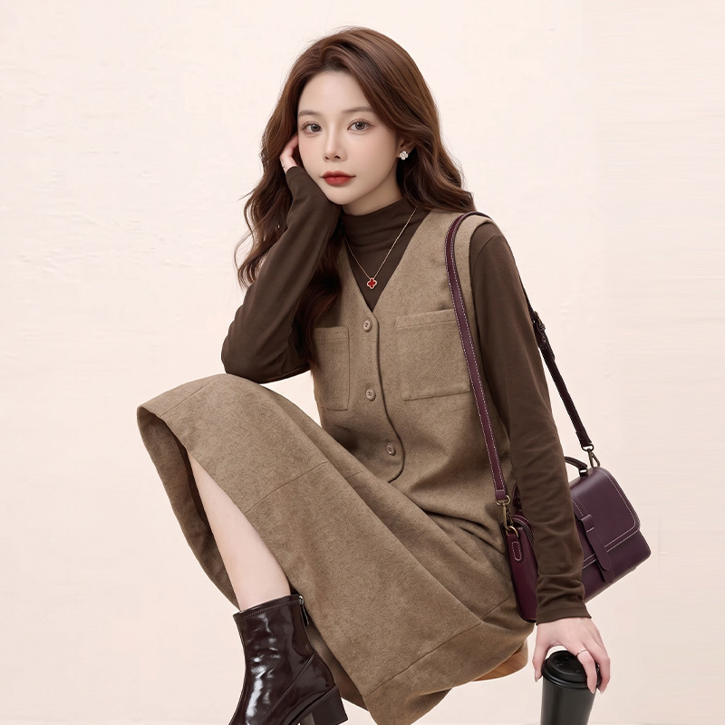Nobeyin Autumn Atmosphere Coffee-Colored Berkeley-Style Wool Knit Sleeveless Mid-Length Dress Set Nobeyin Autumn Atmosphere Coffee-Colored Berkeley-Style Wool Knit Sleeveless Mid-Length Dress Set