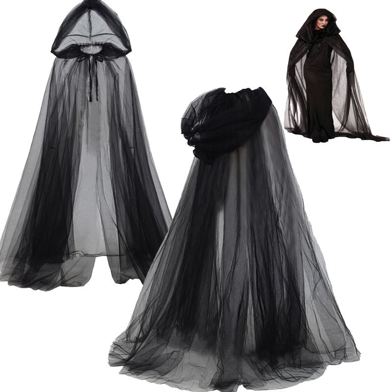 Halloween Mesh Cloak Double-Layer Vampire Bride Cloak Cape Black Hooded Cos Witch Jia Yi Shawl
