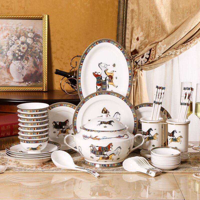 European-Style War Horse Bone China Tableware Hotel Home Ceramic Tall Rice Bowl Fish Plate Flat Plate Chopsticks Soup Pot Small Spoon Set European-Style War Horse Bone China Tableware Hotel Home Ceramic Tall Rice Bowl Fish Plate Flat Plate Chopsticks Soup Pot Small Spoon Set