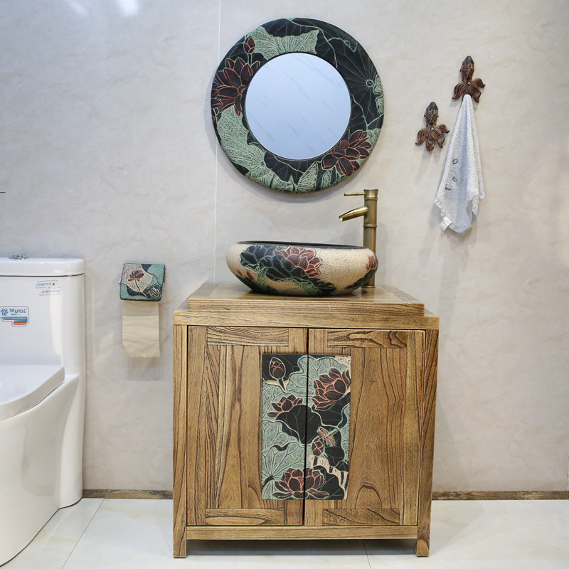 Makeup Room Small Family Style Retro Solid Wood Terrace Basin Cabinet Combined Art Basin Terrace Basin Bathroom Cabinet Balcony Handwashing Table Basin