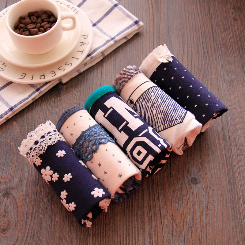 Tóm tắt, nơ, phụ nữ, đồ lót eo thấp và trung bình, cotton, đồ lót nữ dễ thương, kết hợp, hải quân