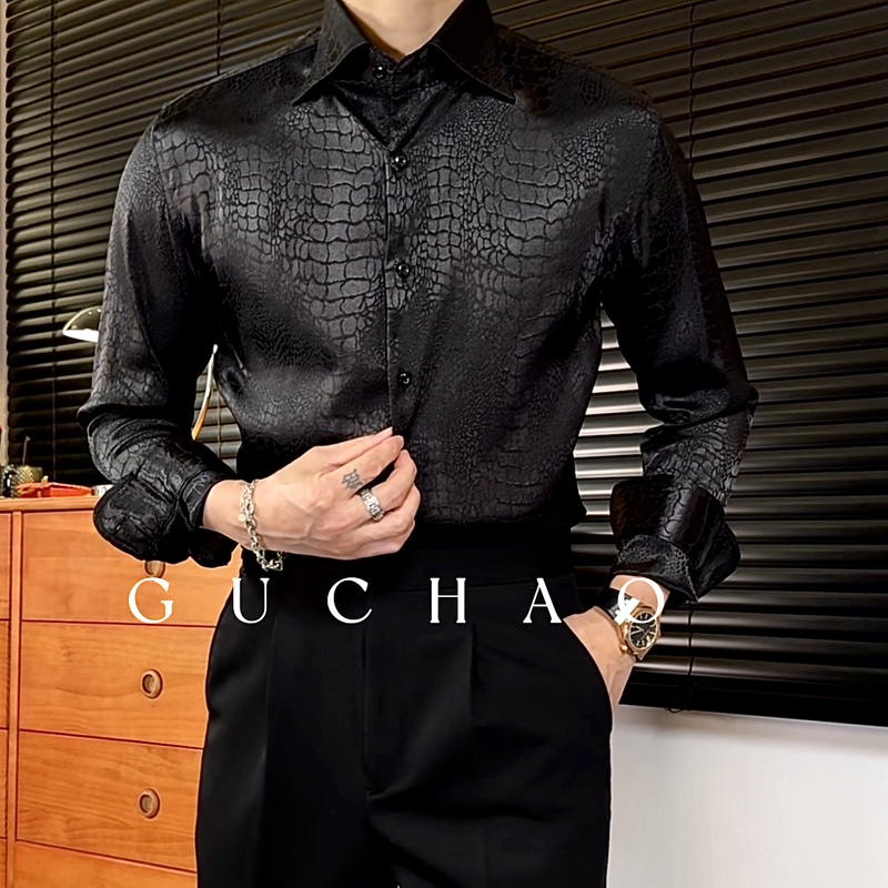 Gu Trendy American-Style Light Luxury Leopard Print Shirt for Men, Wrinkle-Resistant Jacquard Leopard Print Slim Fit Versatile No-Iron Long-Sleeve Shirt