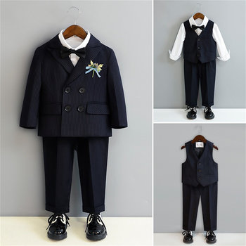 Boys' striped suit spring, autumn and velvet winter