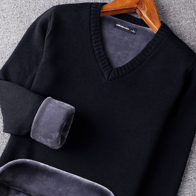 Inside V-neck thickened velvet sweater men's winter low-neck warm base shirt youth sweetheart collar dad sweater