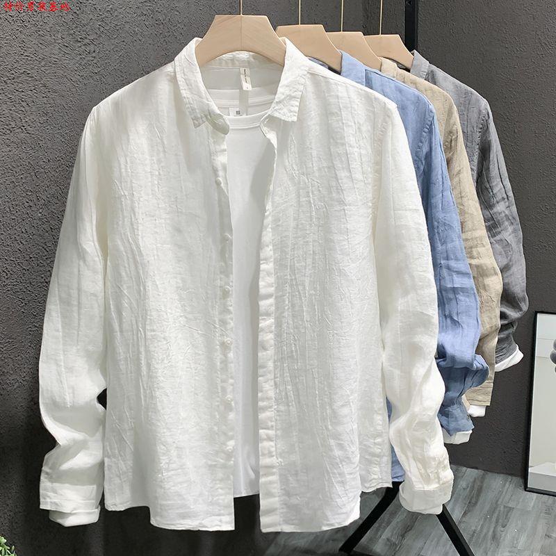 Spring and Autumn New Men's Cotton and Linen Solid Color Lapel Long-Sleeved Shirt Trendy Versatile Loose Casual Shirt Jacket for Men Spring and Autumn New Men's Cotton and Linen Solid Color Lapel Long-Sleeved Shirt Trendy Versatile Loose Casual Shirt Jacket for Men