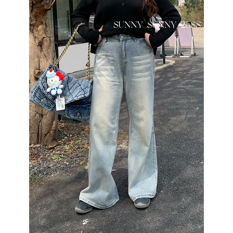Three Points Mud Sunny【Light Blue Series】 Plus Size Light Color Washed Floor-Length Jeans for Women High Waist Slimming Flared Pants