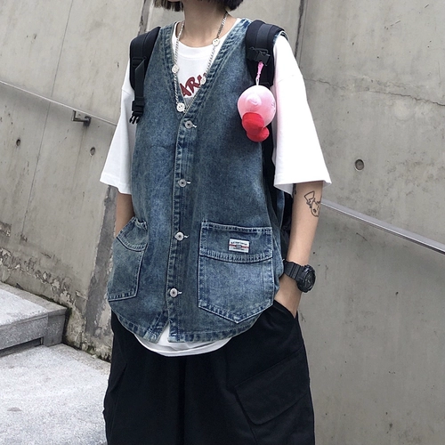 Ретро дизайнерский осенний брендовый джинсовый жилет, модная куртка, тренд сезона, коллекция 2021, в корейском стиле, оверсайз