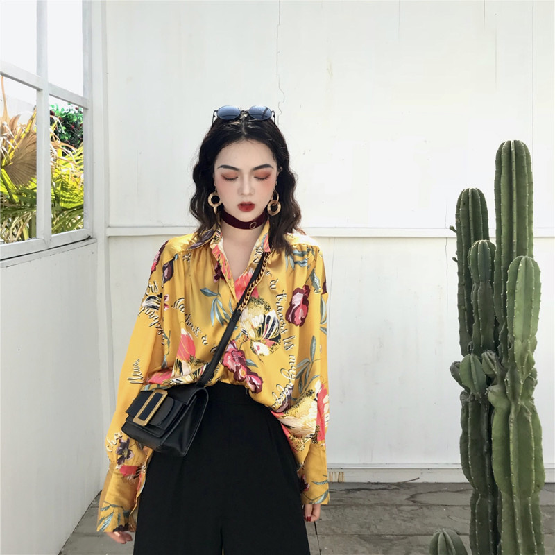 Cổng cổ điển gió chic in ấn dài lụa satin dài tay áo sơ mi lỏng mỏng ve áo thư áo sơ mi Hồng Kông hương vị nữ 	áo sơ mi nữ kẻ sọc dài tay	