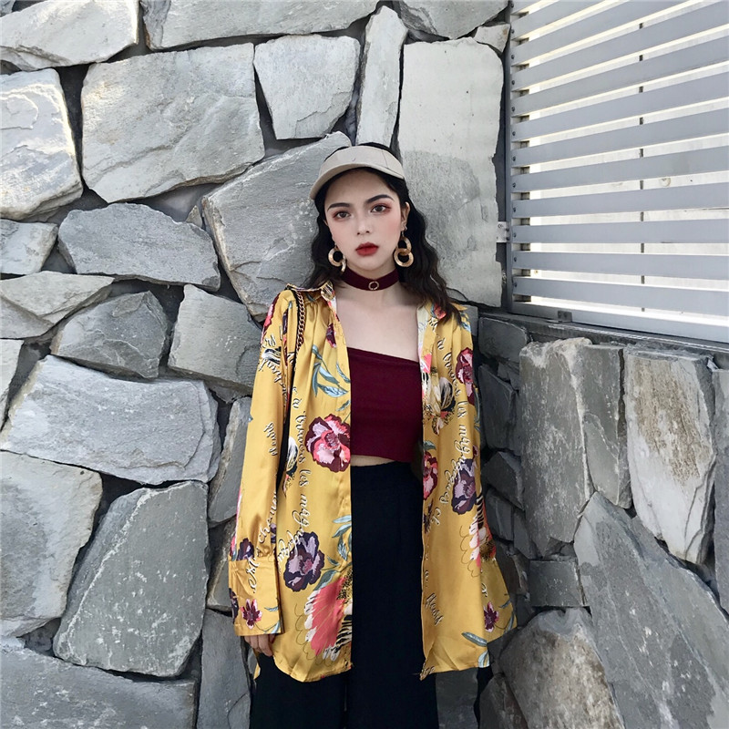 Cổng cổ điển gió chic in ấn dài lụa satin dài tay áo sơ mi lỏng mỏng ve áo thư áo sơ mi Hồng Kông hương vị nữ 	áo sơ mi nữ kẻ sọc dài tay	