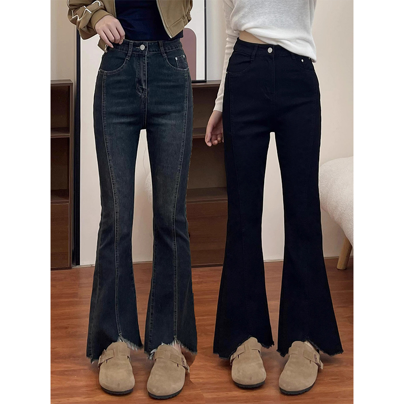 Designed with Slits and Tassels, Flared Denim Pants for Women, Plus Size, Pear-Shaped Body, Stretchy, Slimming, Frayed Hem, Straight-Leg Trousers