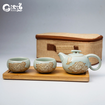 Ru kiln one pot and two cups travel small set of tea set Ru porcelain open piece teapot tea cup two people portable fast passenger set