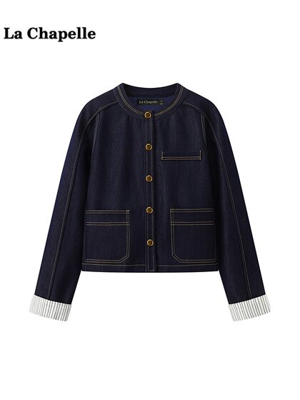 拉夏贝尔/La Chapelle复古仿牛仔外套女春新款圆领宽松夹克上衣