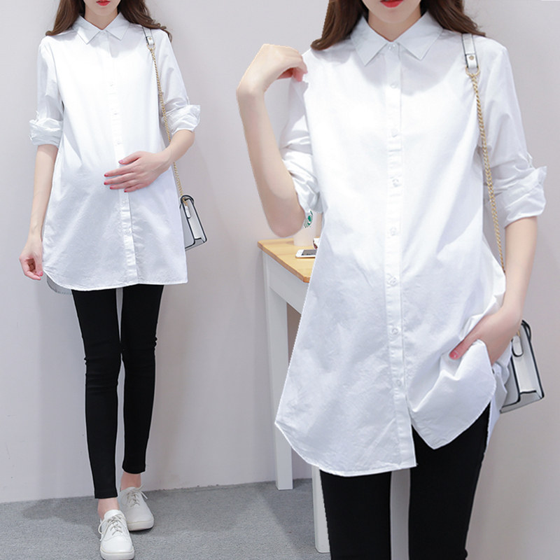 Maternity clothes Work clothes shirt medium-long top White lapel shirt 2021 spring and autumn Korean version of the career top