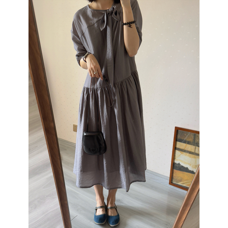 【Limited Time Offer 5% off】Chao Cool and Lightweight Tencel Acetate Dress with Front Tie and Half Sleeves