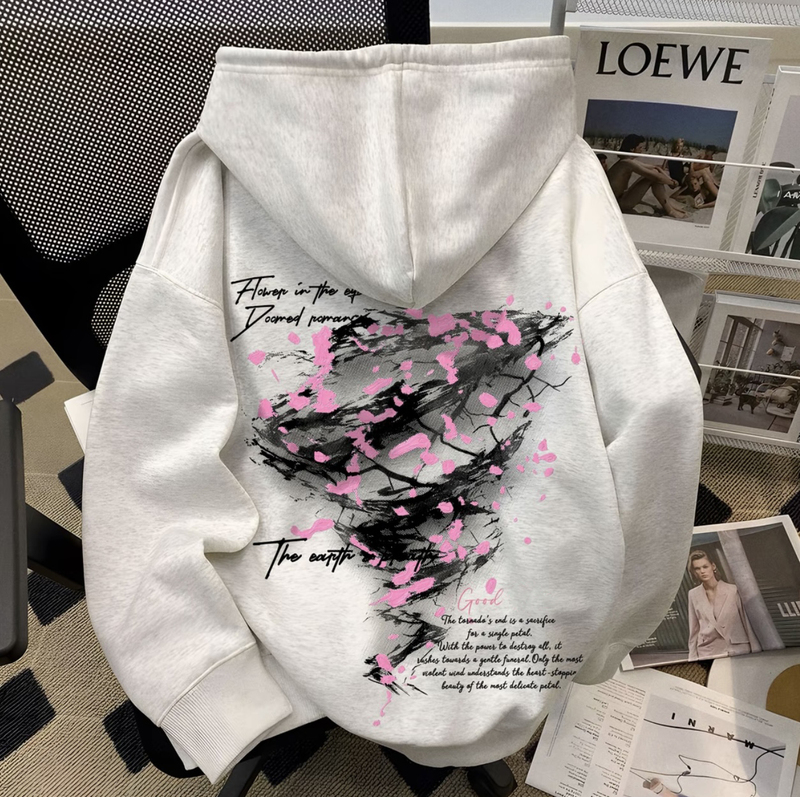 American High Street Style Heavy-Duty Cherry Blossom Tornado Print Hooded Sweatshirt for Older Children, Unisex Autumn and Winter Versatile Jacket