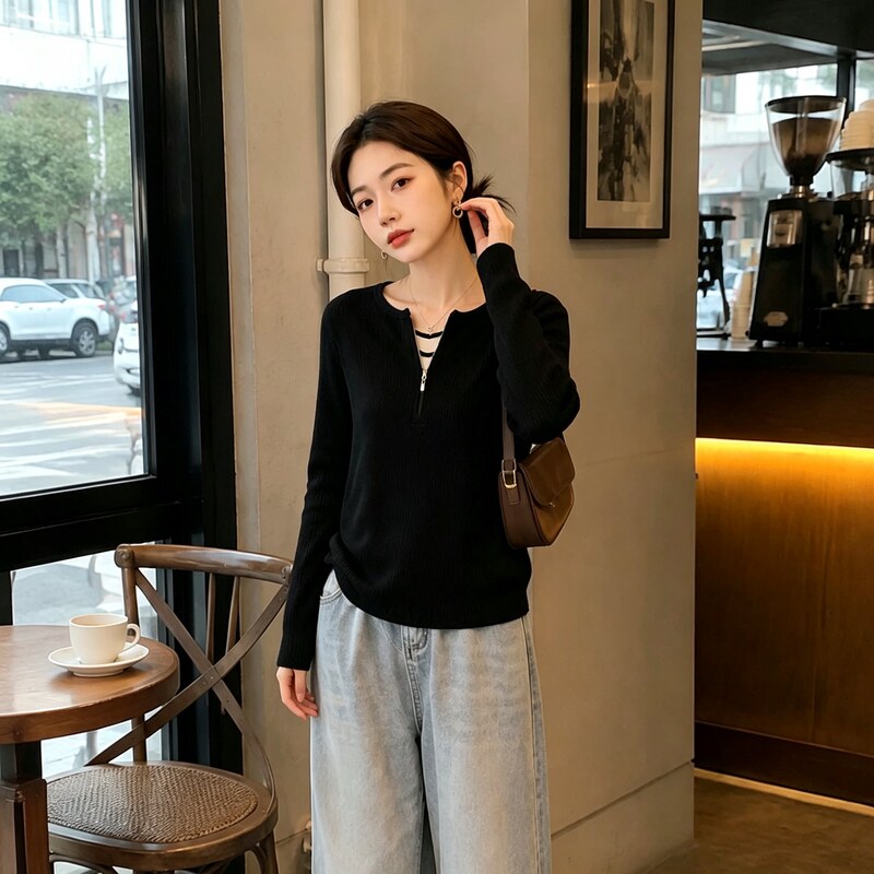 New Autumn and Winter Plus-Size Slimming Half-Zip Stand Collar Loose Drop-Shoulder Long-Sleeve Women's Knitted Sweater New Autumn and Winter Plus-Size Slimming Half-Zip Stand Collar Loose Drop-Shoulder Long-Sleeve Women's Knitted Sweater