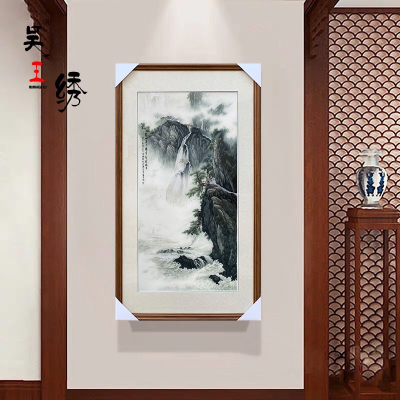 Handmade Suzhou embroidery Su embroidery New Chinese style mulberry silk finished water landscape Xuanguan Feng Shui Hang Painting Vertical version Corridor Living room