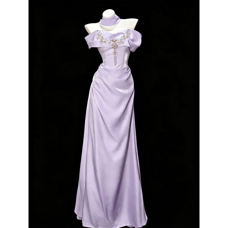 French-Style One-Shoulder Purple Evening Dress, High-End Light Luxury Elegant Host Evening Gown, High-End Adult Ceremony Dress