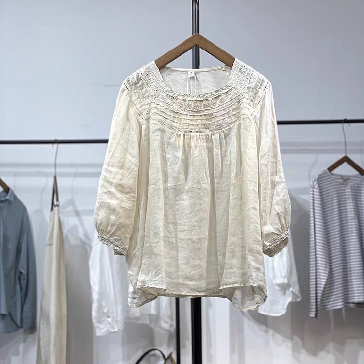 French Lace Thin Linen Shirt Women's Summer New Slim Pullover Shirt Classy Cotton and Linen Top