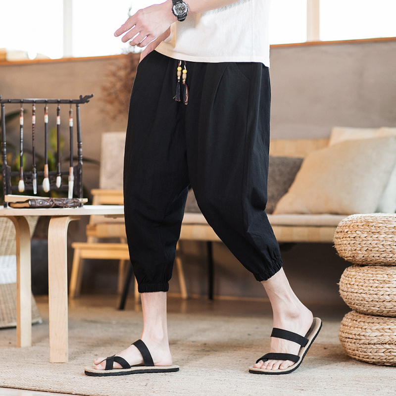 Summer linen cropped pants Chinese style loose cotton and linen casual pants retro large size fat guy beam feet 7 points pants men