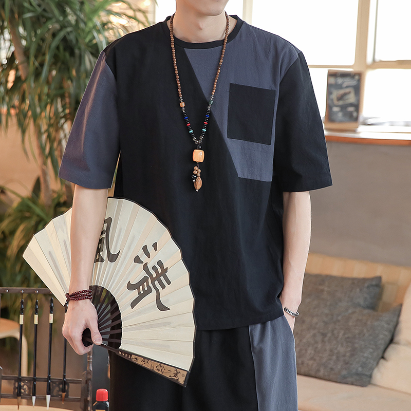 Summer Cotton Linen T-shirt Men Short Sleeves Chinese Wind Personality Collage Tide Relaxation 50% Sleeves Bottom Half Sleeve Thin