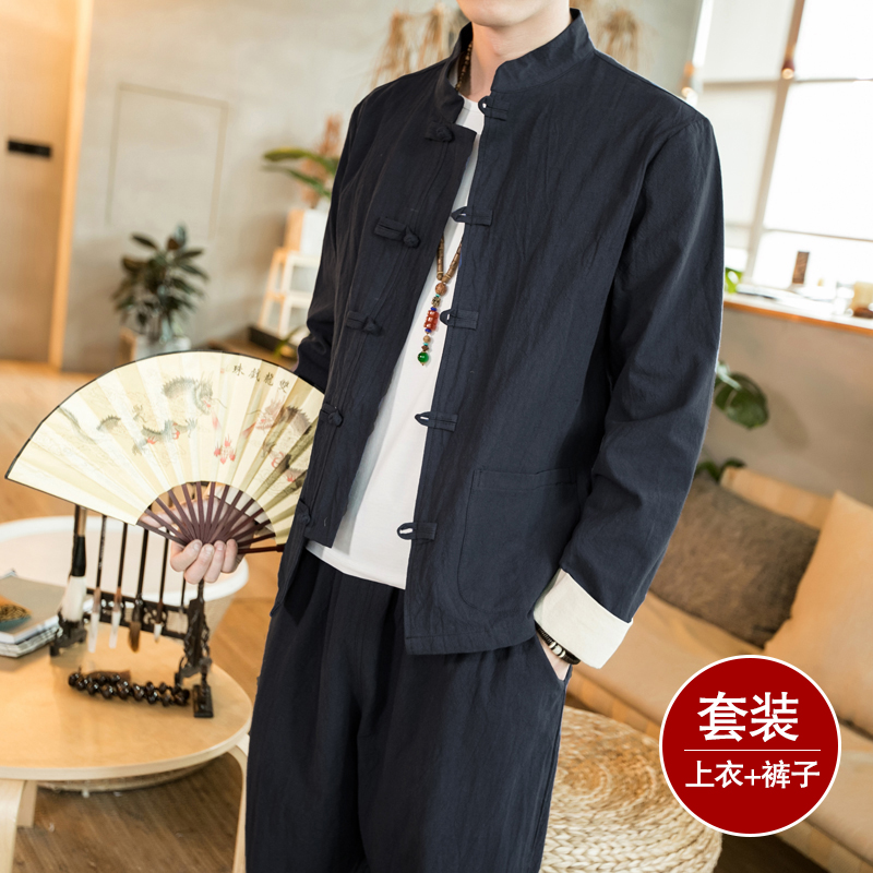Linen suit men's retro Tang suit buckle coat Chinese style loose large size Zhongshan suit robe casual two-piece