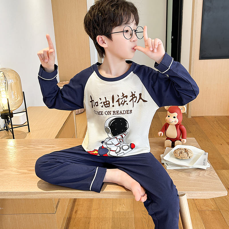 Spring and Autumn Style Boys' Pajamas, Long-Sleeved, Pure Cotton, Thin, Children's Home Wear, Boys' Teenagers' Cartoon Air-Conditioning Suit Set