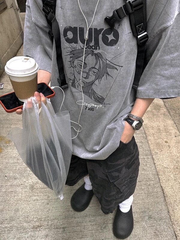 Aurocean Washed Gray Japanese Manga Sad Face T-Shirt, Distressed Vintage Pure Cotton Ink Print Oversized Short Sleeve