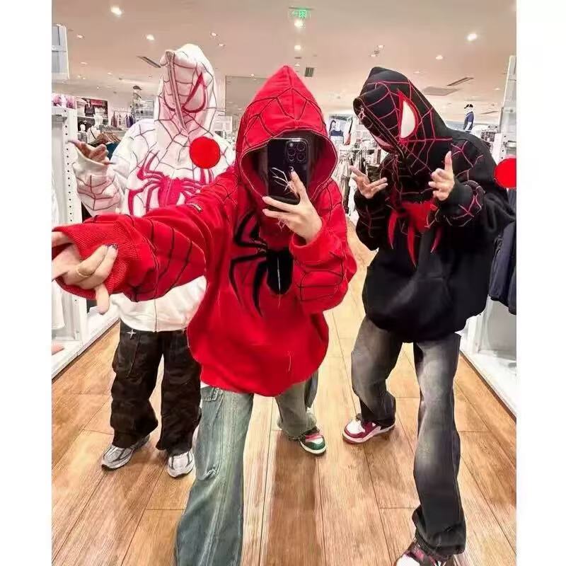 American-Style Hip-Hop Spider-Man Embroidered Full-Zip Long-Sleeve Sweatshirt for Men and Women, Autumn and Winter Street Fashion Cool Hooded Jacket Trendy