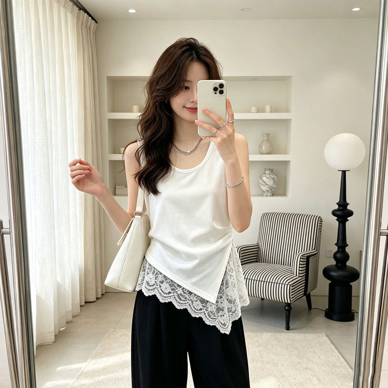 Sleeveless Vest Lace Patchwork T-Shirt for Women 2026 Summer New Style Irregular Design Stylish Versatile Top