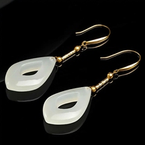 18K gold inlaid natural Hetian jade earrings hollow water drop earrings womens jade jewelry earrings gold earrings