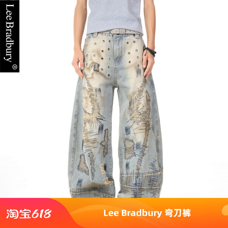Lee Bradbury Trendy High Street Distressed Distressed Vintage-Style Hollow-Out Heavy Embroidery Scimitar Jeans Unisex Wide-Leg Pants Lee Bradbury Trendy High Street Distressed Distressed Vintage-Style Hollow-Out Heavy Embroidery Scimitar Jeans Unisex Wide-Leg Pants
