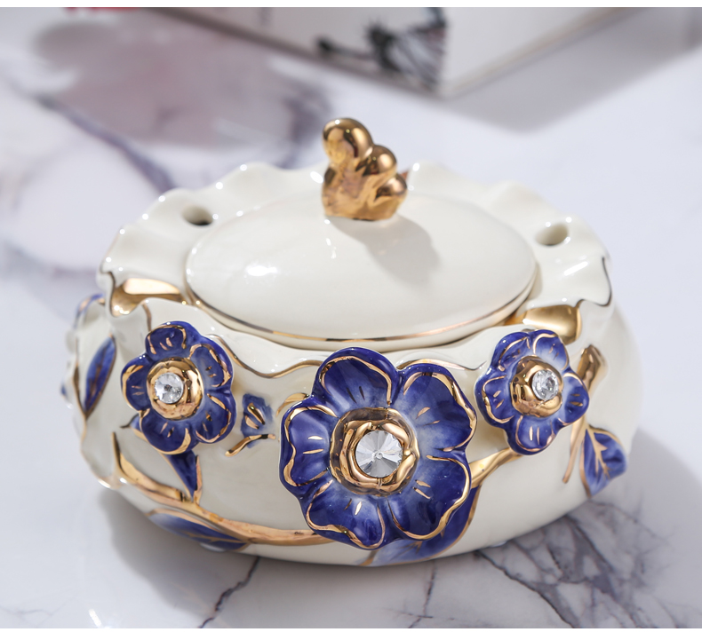 European new royal blue name plum flower series European ceramic ashtray sitting room adornment bedroom with cover the ashtray furnishing articles