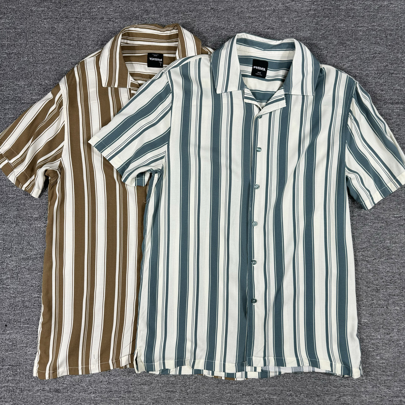 Summer Casual Retro Vertical Striped Short-Sleeved Shirt, Breathable Thin Cuban Collar Fashion Half-Sleeve Top