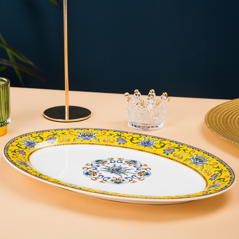 Enamel 12inch Bone China Large Fish Plate, Household Dish Plate, Steamed Fish Plate, Palace-Style Oval Jingdezhen Tableware