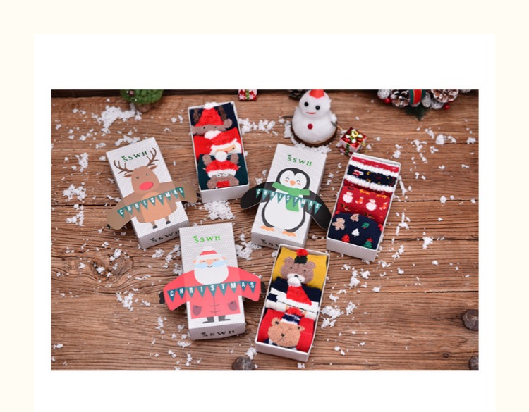 3 đôi mùa thu và mùa đông trong vớ cotton ống nữ sáng tạo dễ thương hoạt hình Giáng sinh vớ đỏ năm mới vớ quà tặng hộp quà tặng vớ vớ lót bông dày mùa đông