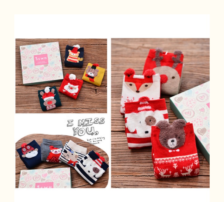 3 đôi mùa thu và mùa đông trong vớ cotton ống nữ sáng tạo dễ thương hoạt hình Giáng sinh vớ đỏ năm mới vớ quà tặng hộp quà tặng vớ vớ lót bông dày mùa đông